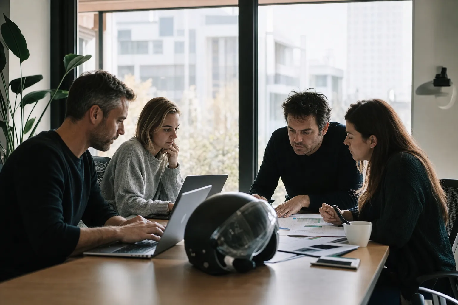 Équipe éditoriale travaillant sur des comparatifs d’assurance dans un bureau lumineux, casque de scooter sur la table