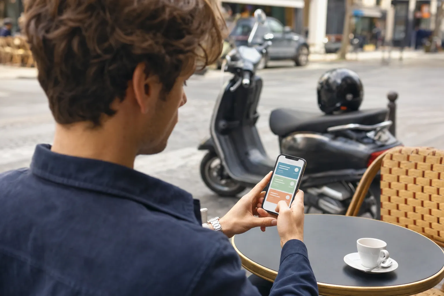 Personne comparant des devis d’assurance scooter sur son smartphone, scooter 50 garé en arrière-plan