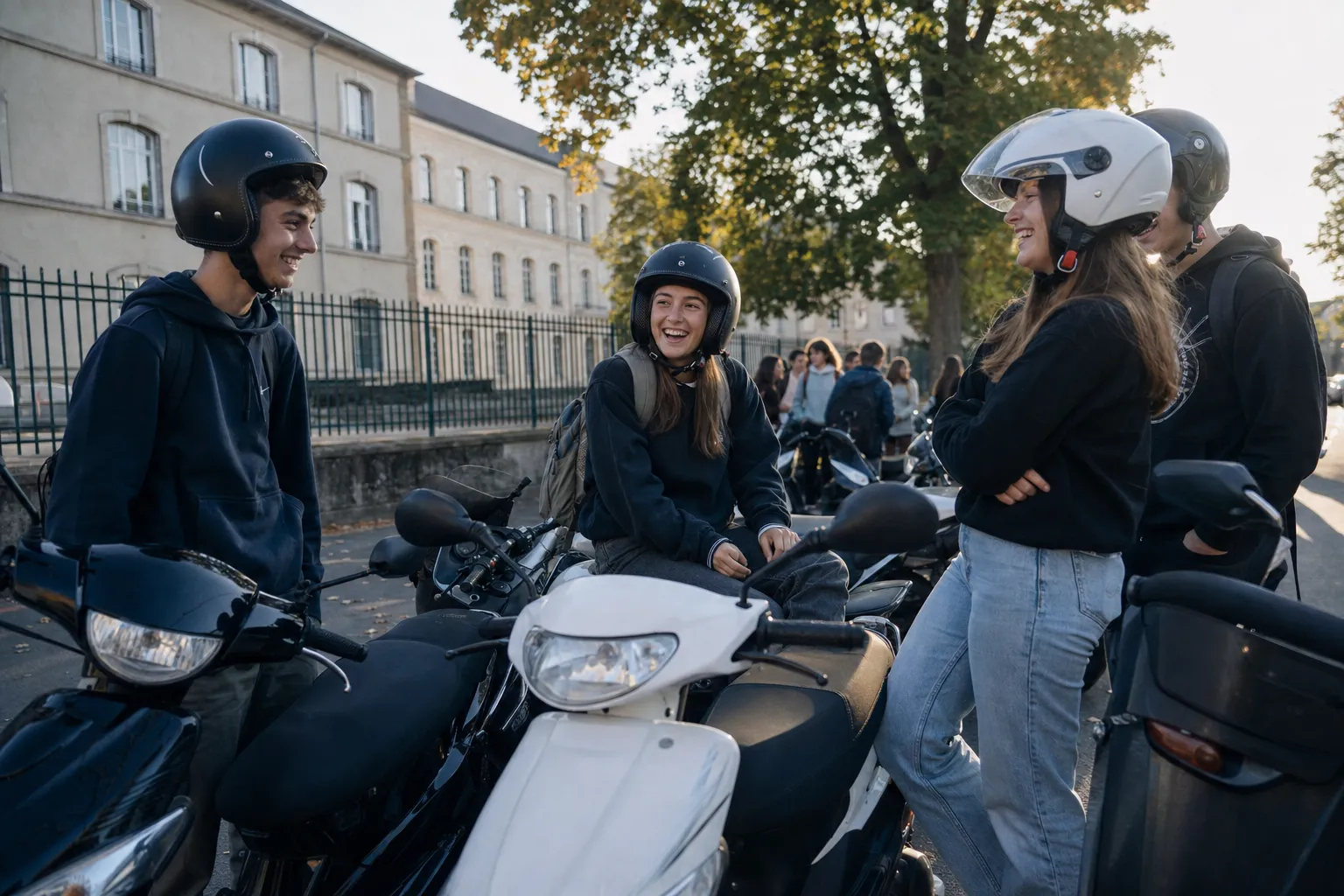 Groupe de jeunes scootéristes discutant à côté de leurs scooters 50 devant un lycée