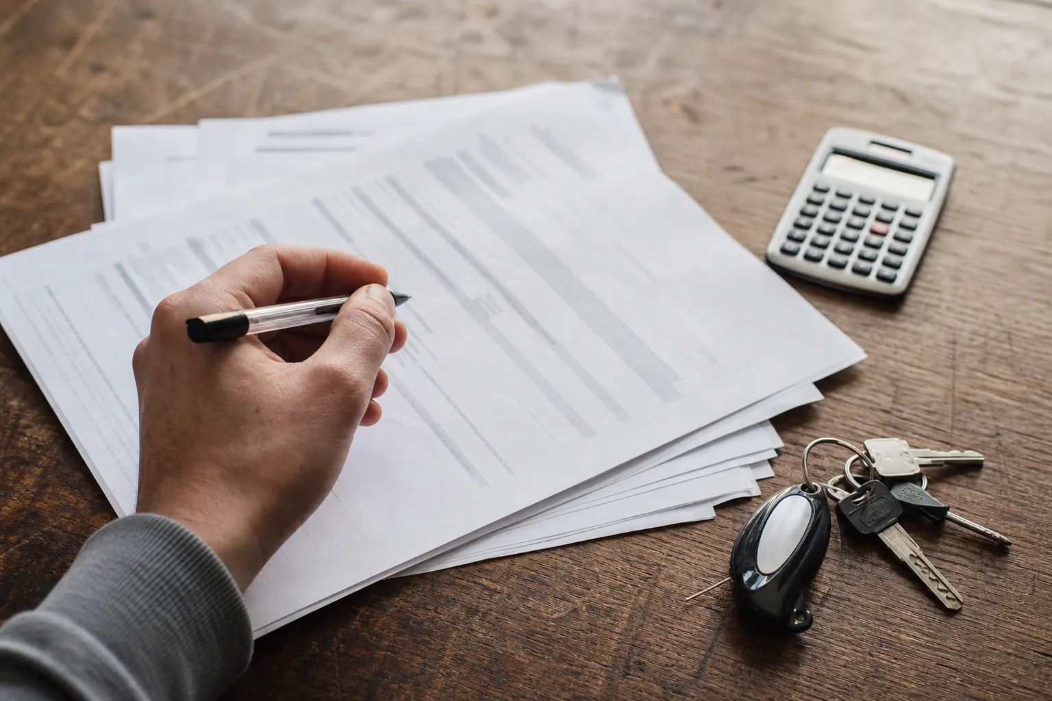 Main posant un stylo sur un devis d’assurance scooter à côté d’une calculatrice et des clés de scooter