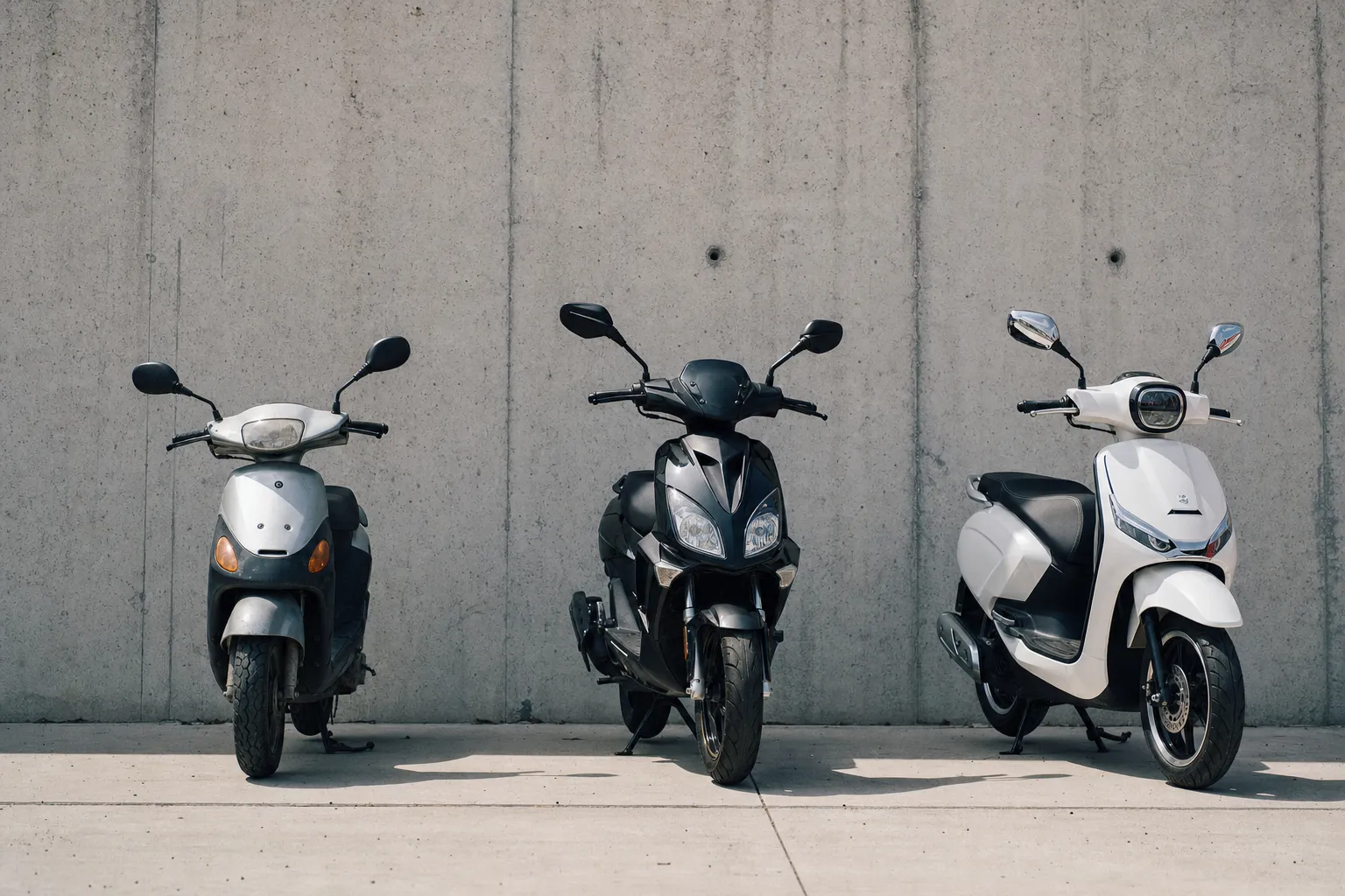 Trois scooters 50 alignés du plus ancien au plus récent devant un mur de béton