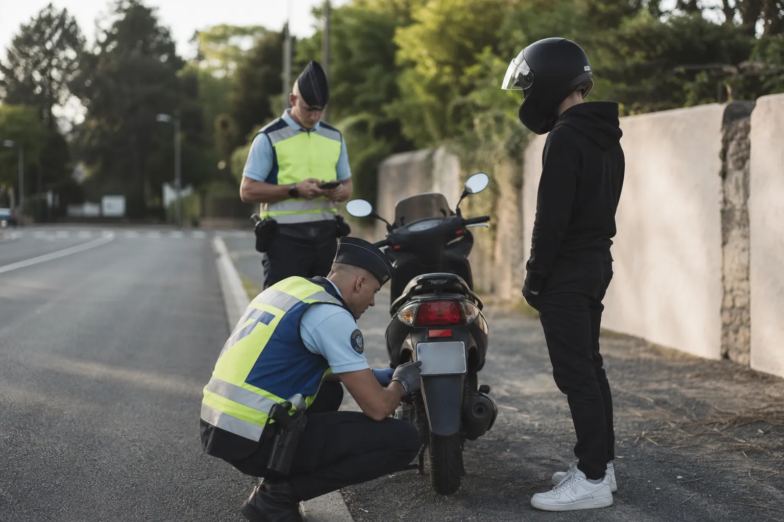 Contrôle routier courtois d’un scootériste casqué par deux gendarmes, matin en périphérie d’une ville française