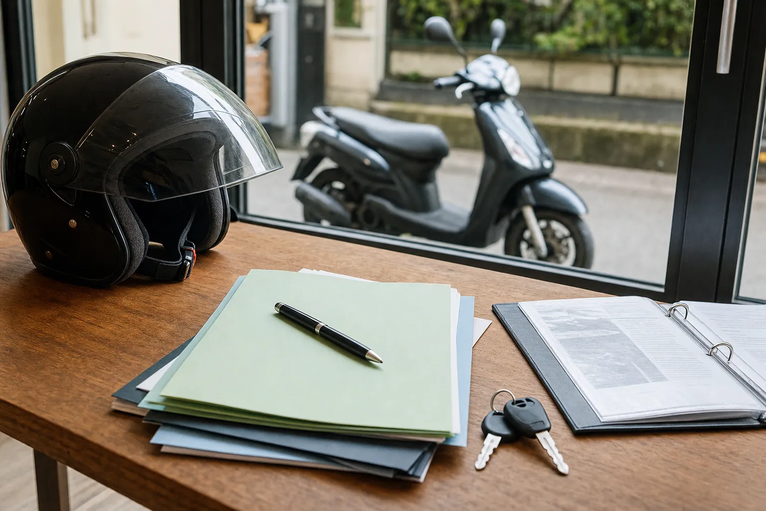 Documents d’assurance et clés de scooter posés sur une table, scooter 50 visible par la fenêtre