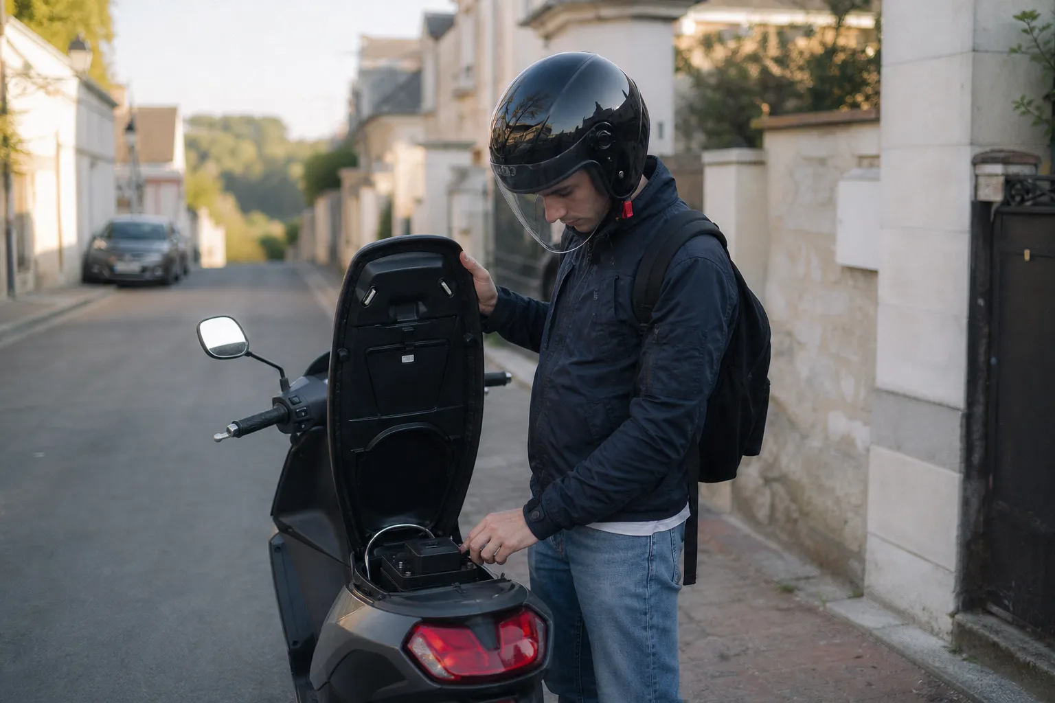 Scooter 50 garé avec un boîtier connecté discret sous la selle, ruelle résidentielle française en matinée