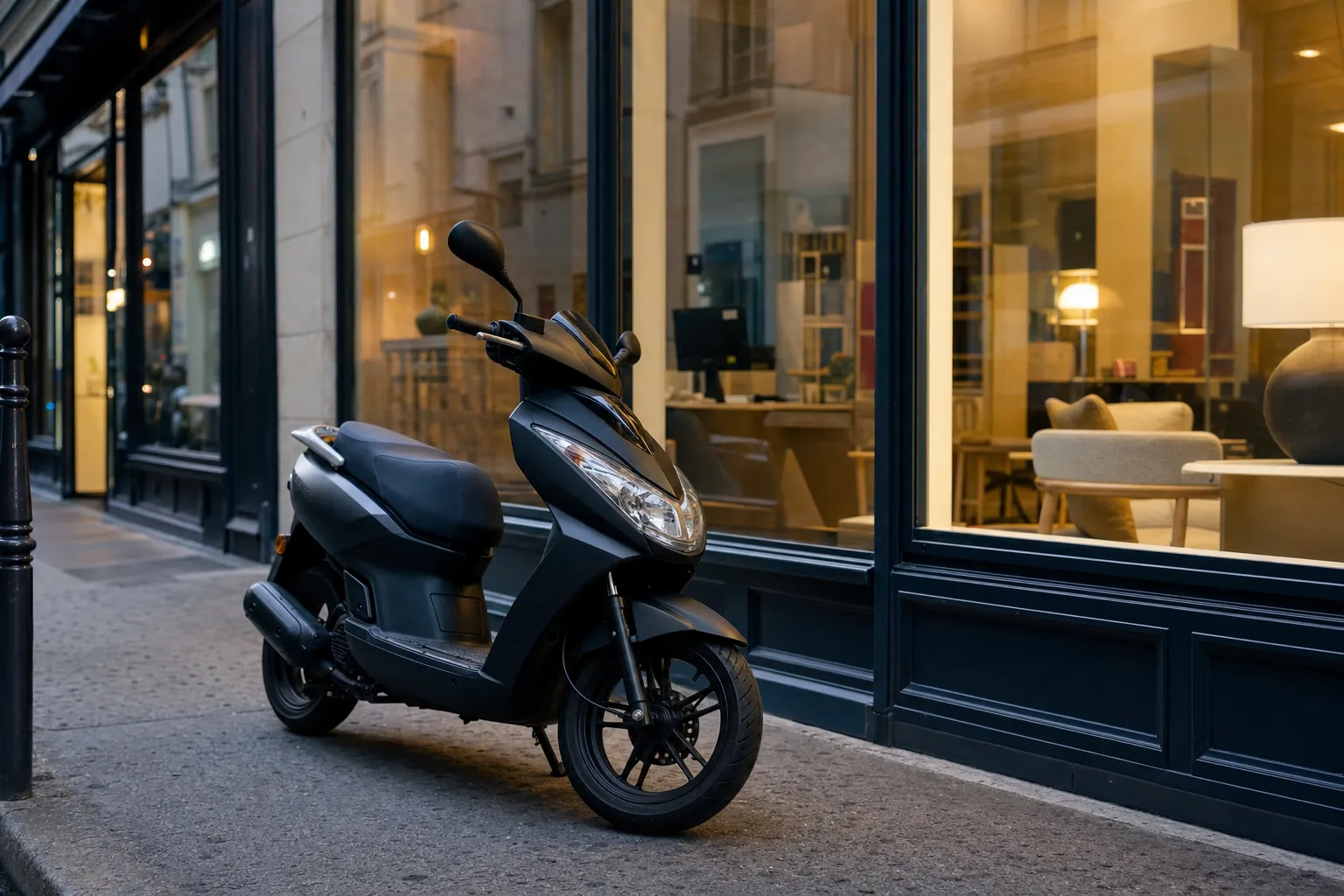 Scooter 50 stationné devant une vitrine d’agence d’assurance avec étiquettes de prix en reflet
