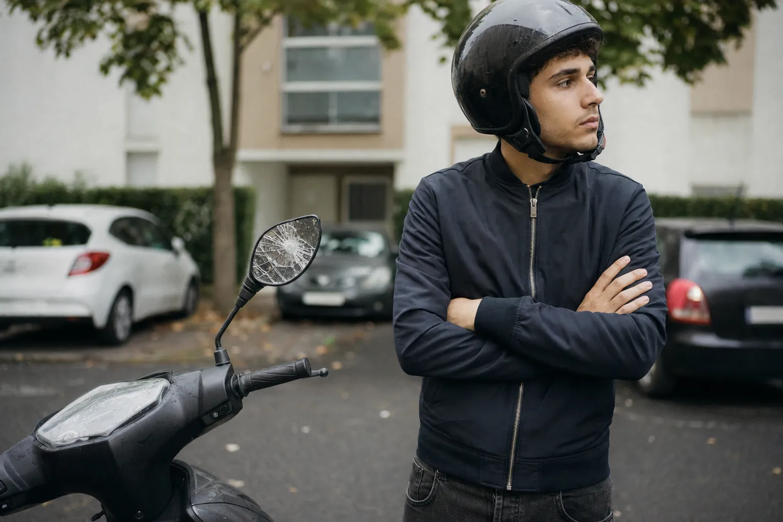 Conducteur pensif à côté de son scooter 50 avec un rétroviseur cassé, parking résidentiel