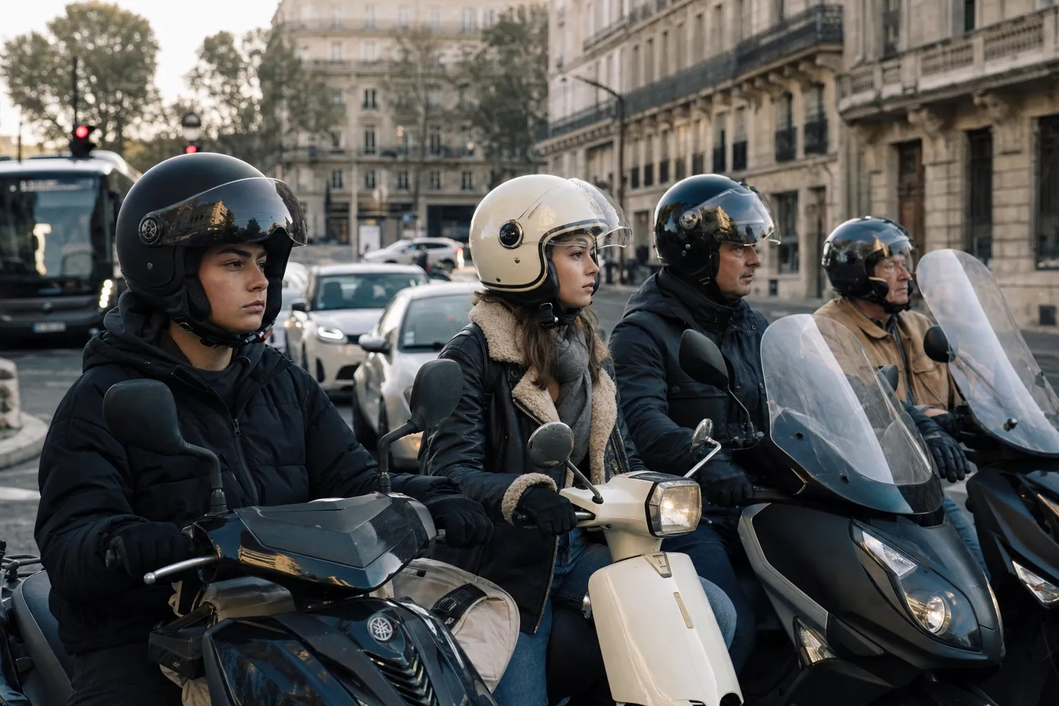 Plusieurs conducteurs de scooters 50 d’âges différents arrêtés à un feu rouge en ville