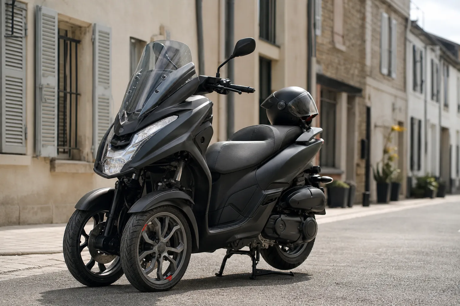 Scooter 3 roues 50 de type tricycle garé sur sa béquille centrale dans une rue française, casque sur la selle