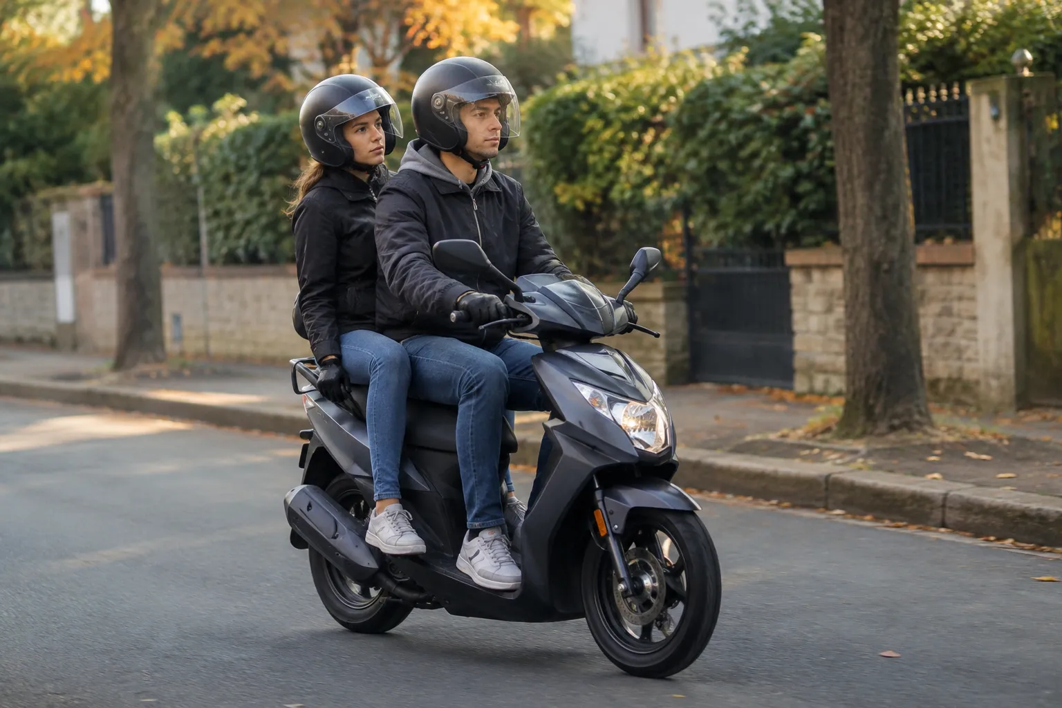 Conducteur et passagère casqués et gantés sur un scooter 50 biplace dans une rue résidentielle arborée en automne