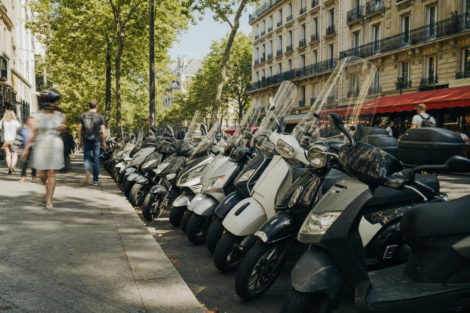 Rangée de scooters 50 modernes garés en épi dans une rue française animée